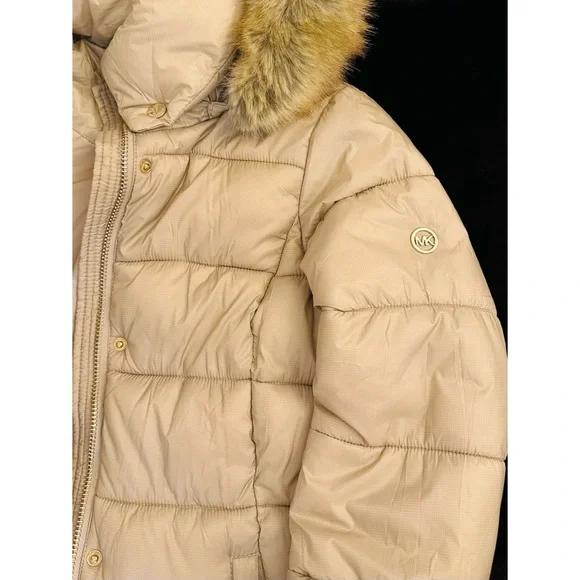 Michael Kors Faux Fur Trim Hooded Puffer Coat / Jacket Size Small Tan. - Picture 5 of 12